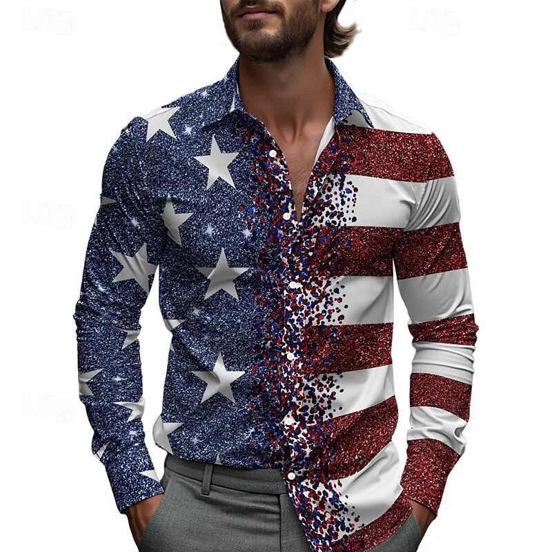 قميص رجالي بأكمام طويلة مطبوع عليه نجوم ثلاثية الأبعاد على الطراز الغربي برقبة فضفاضة ملابس غير رسمية على الموضة في الشارع