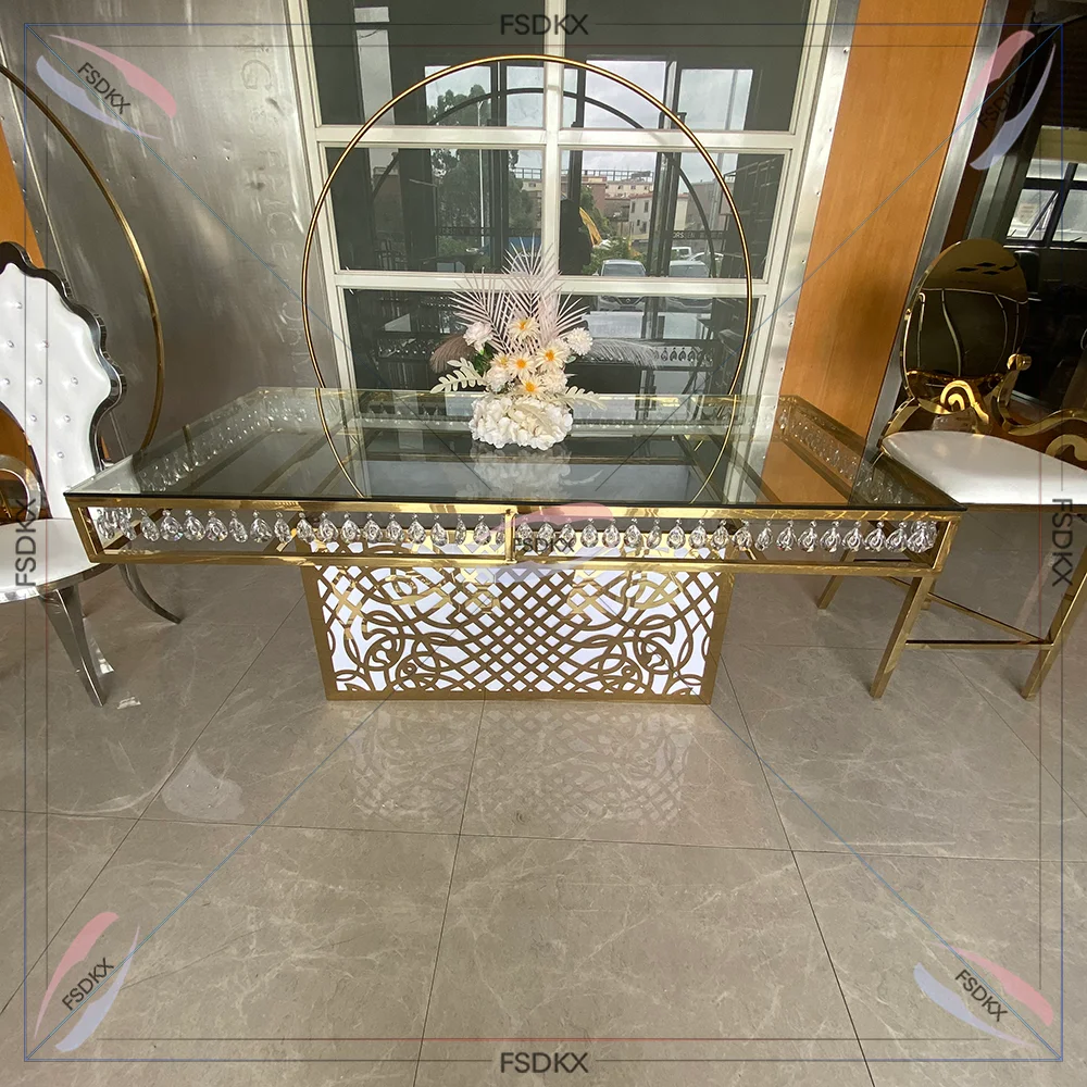 

New Design Luxury Crystal Metal Stainless Steel With Glass Top Crystal Dining Square Table for Wedding Events