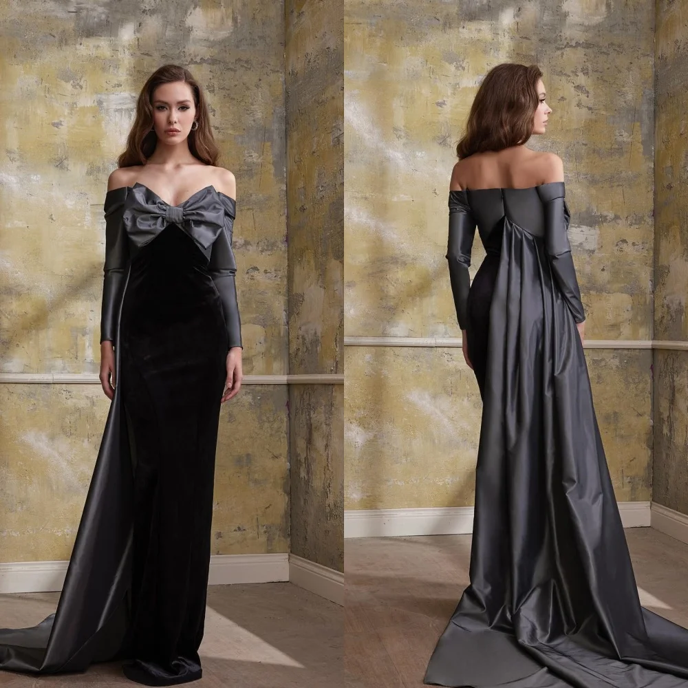 Exquisite Sparkle High Quality Jersey Bow Draped Pleat Birthday A-line Off-the-shoulder Bespoke Occasion Gown Long Dresses