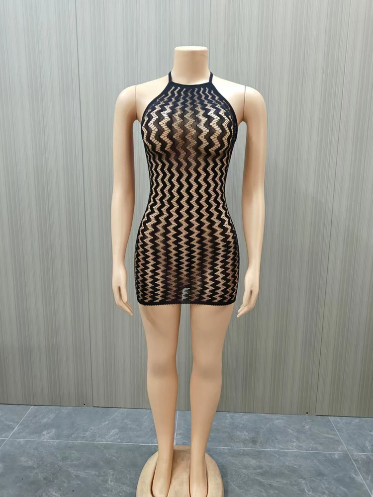 Damen Neckholder-Netzkleid, Wellenförmig Ausgeschnitten, Ärmellos, Figurbetont, Kurzes Kleid, Durchsichtiges Netzgewebe, Nachtclub-Partykleidung – Detail 5