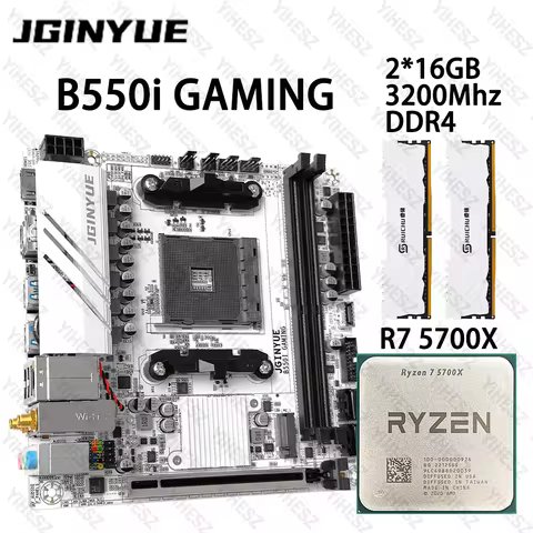 JGINYUE B550 Motherboard Set With Ryzen R7 5700X Processors 2*16GB=32GB 3200Mhz DDR4 RAM PCI-E 4.0 B550i GAMING AM4 Mini ITX