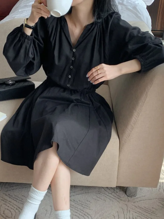 Chic Vintage Button up V-Ne Lose Elastische Taille Blase Sve Dr Damen Faion Frühling Herbst Winter Casual Street Sle