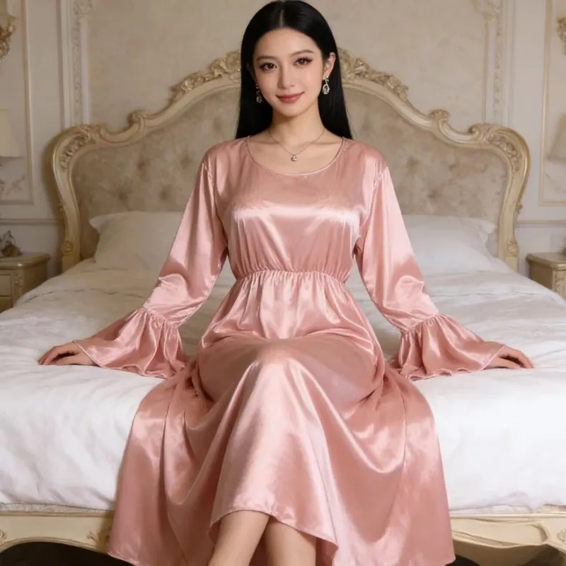 

Length 1.8m Silky Ice Silk Flared Sleeve Elastic Waist Dress Women Sleeveless Nightgown Summer Solid Home Wear Loose Lingerie