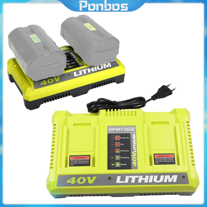 Ponbos LUB40V Dual Port Charger OP401 for RYOBI/LIUBI Power Tools 36V-40V Li-ion Battery