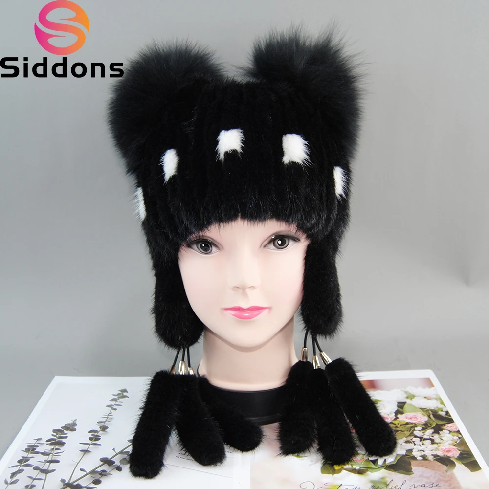 

2025 New Brand 100% Real Mink Wool Woven Ear Protection Hat Warm Autumn And Winter Fox Fur Ear Fur Hat Lady Sweet And Lovely Cap