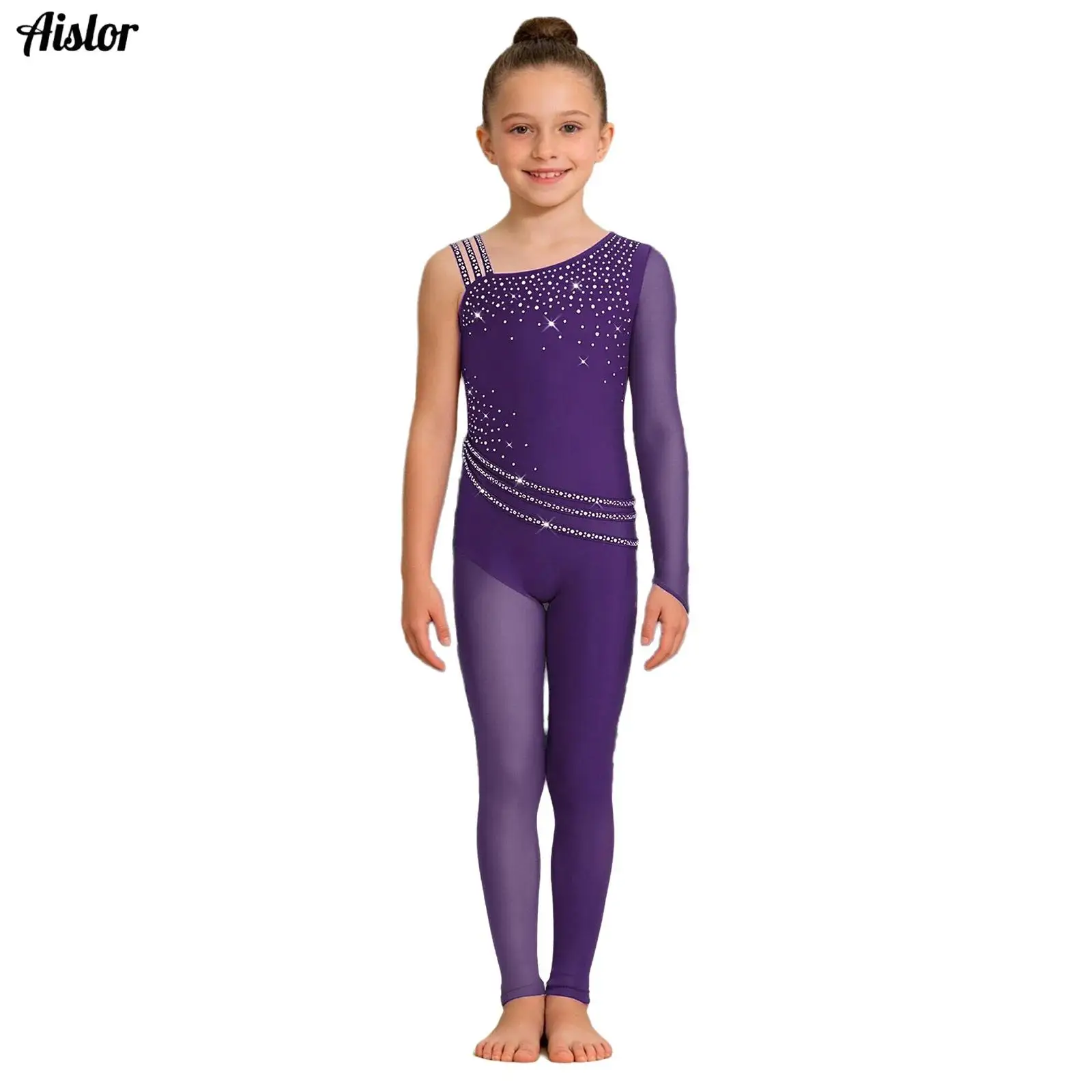 

Kids Girls Shiny Rhinestones Ballet Dance Leotard Asymmetrical Sleeve Workout Full Body Suit Gymnastics Figure Skating Jumpsuit