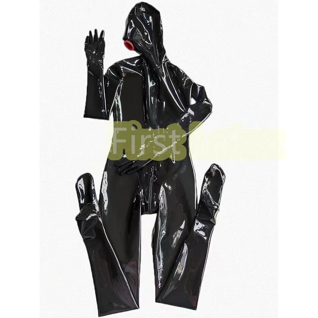 Sexy Natural Latex Woman Full Body Catsuit Women Jumpsuits Attached Hood With Mouth Sheath Back To Crotch Zippers