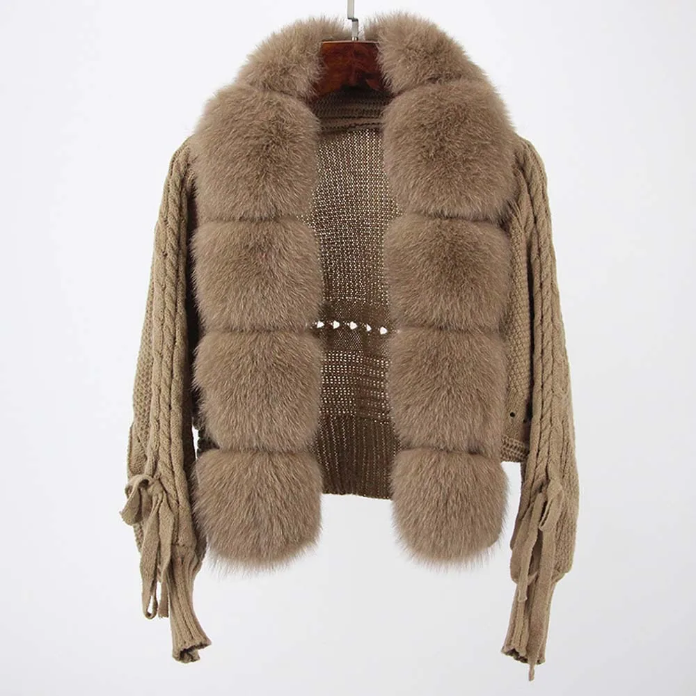 

2025 high quality Winter Knitting Cardigan Coat Women Casual Real Fox Fur Coat Short Warm Knitted Jacket