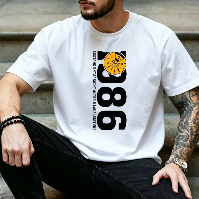 Retro Speedometer Dial Vertical German Text 1986 Graphic T Shirt Unisex Vintage Birthday Short Sleeve Casual Street Tee