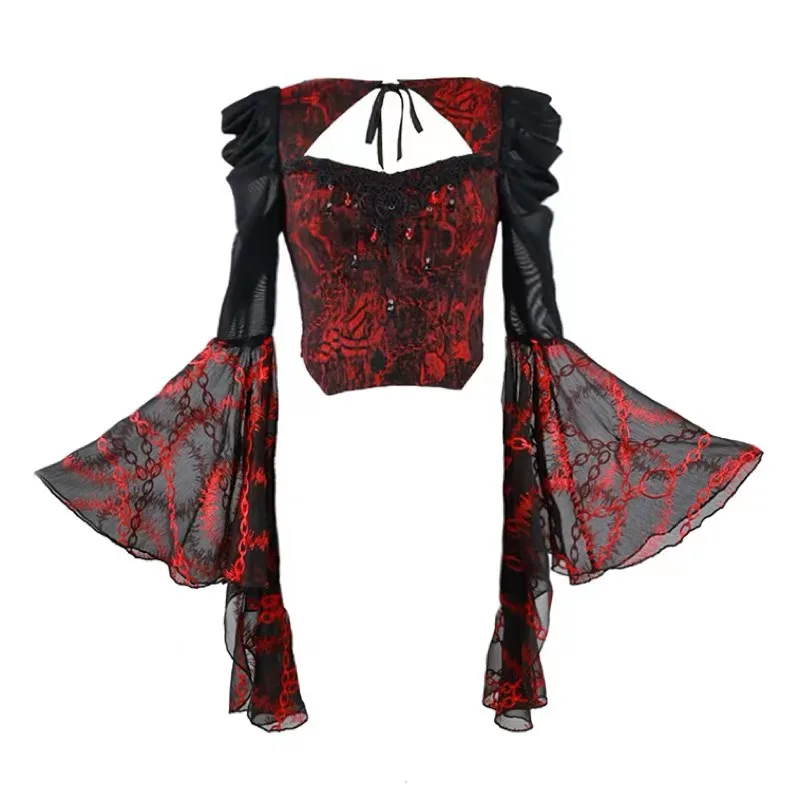 Blood Supply Original Gothic Red Black Rose Embroid Lace Long Flying Sleeve Blouse Hollow Out Halloween Mesh Punk Blusa Summer