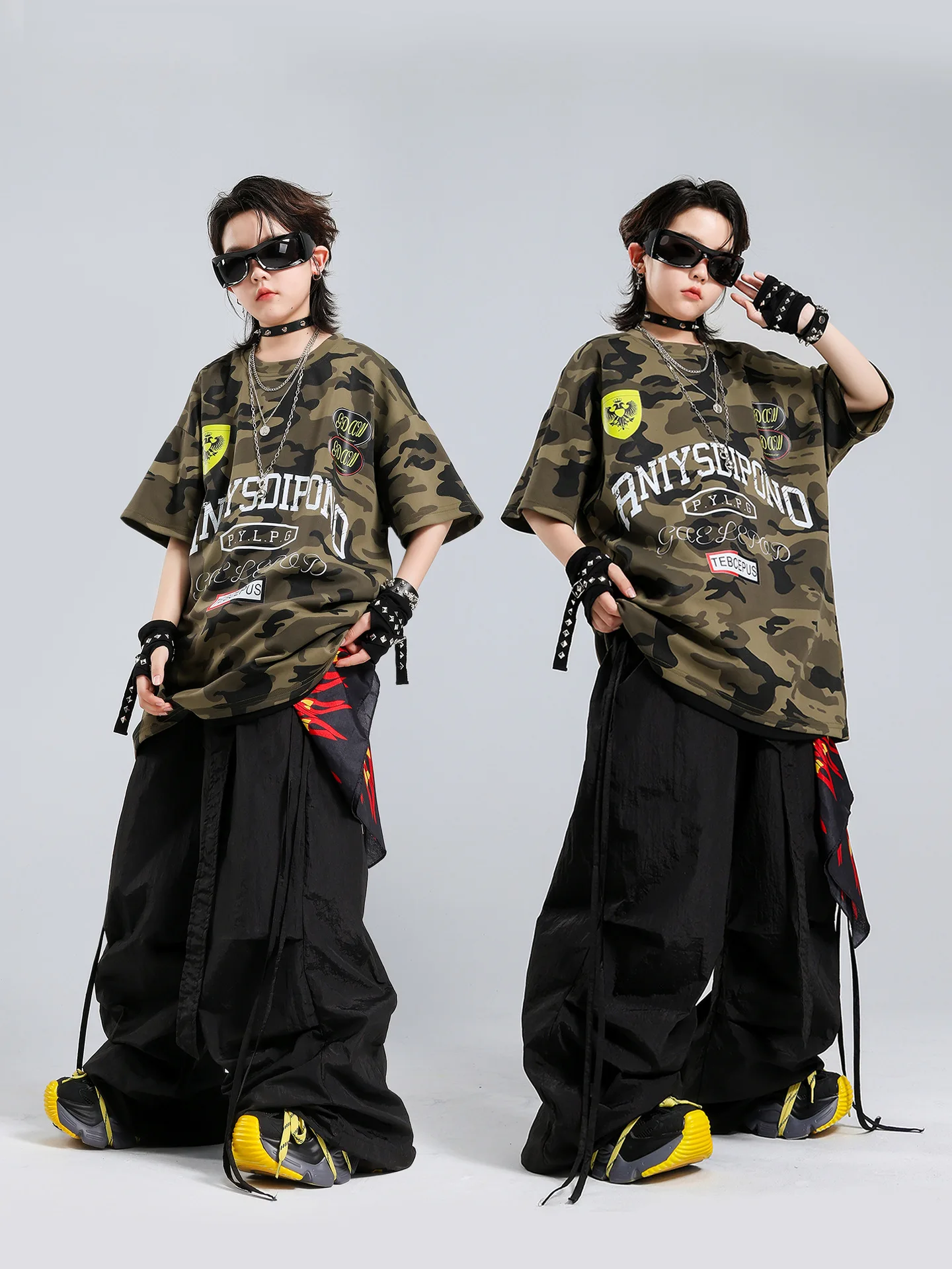 Boys Streetwear Girls Hip Hop Numbers T-shirt Camouflage Cargo Pants Children K-pop Jazz Clothes Sets Kids Street Dance Costumes