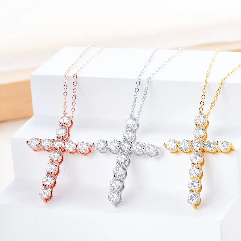 

Full Moissanite Cross Pendant Necklace Original 925 Sterling Sliver Chain Plated 18k White Gold Fine Necklace for Women Jewelry