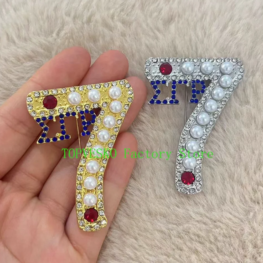 Sigma Gamma Rho Sorority And Fraternity Greek Letter Number 7 Pearl Rhinestone Brooch