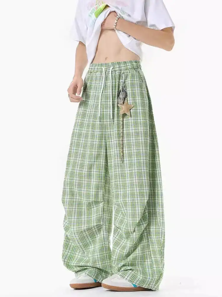 

Loose Fit Plaid Casual Pants for Men Straight Leg Wide Leg Trousers Star Pendant Lazy id Knife Pants Faionable Summer Jeans