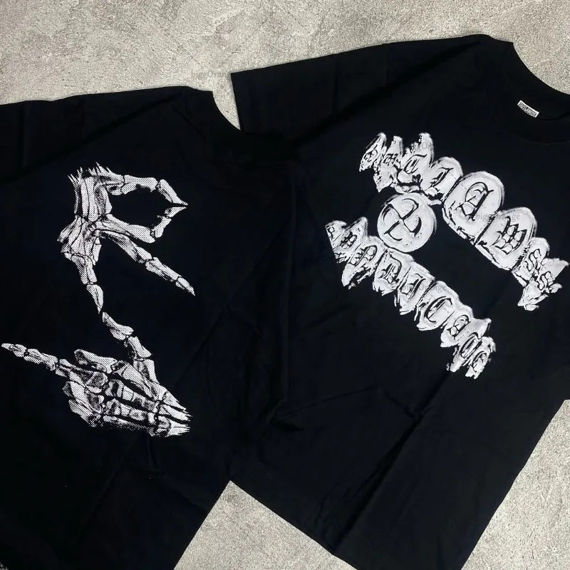 

New American Retro Skeleton Hand Casual Loose T-shirt Men Street Hip-hop Harajuku Y2K Fashion Oversized Short-sleeved Women