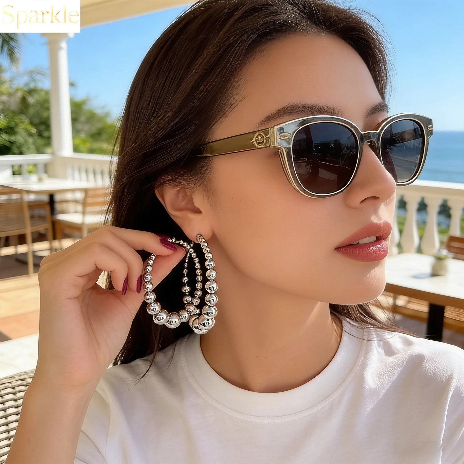 

Oversized Gradient Bead Hoop Earrings Silver Tone Ball Drop Earrings Bold Y2K Fashion Jewelry for Women