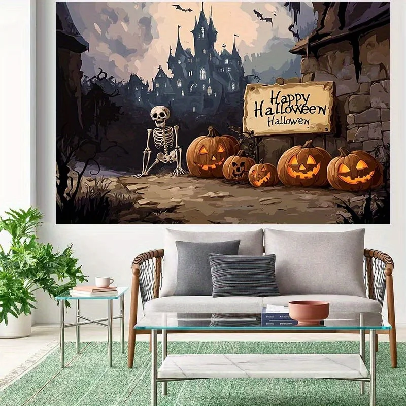 قطعة واحدة من خلفية الهالوين الهوائية مع بيت الأشباح والهيكل العظمي وديكورات اليقطين - احترافية