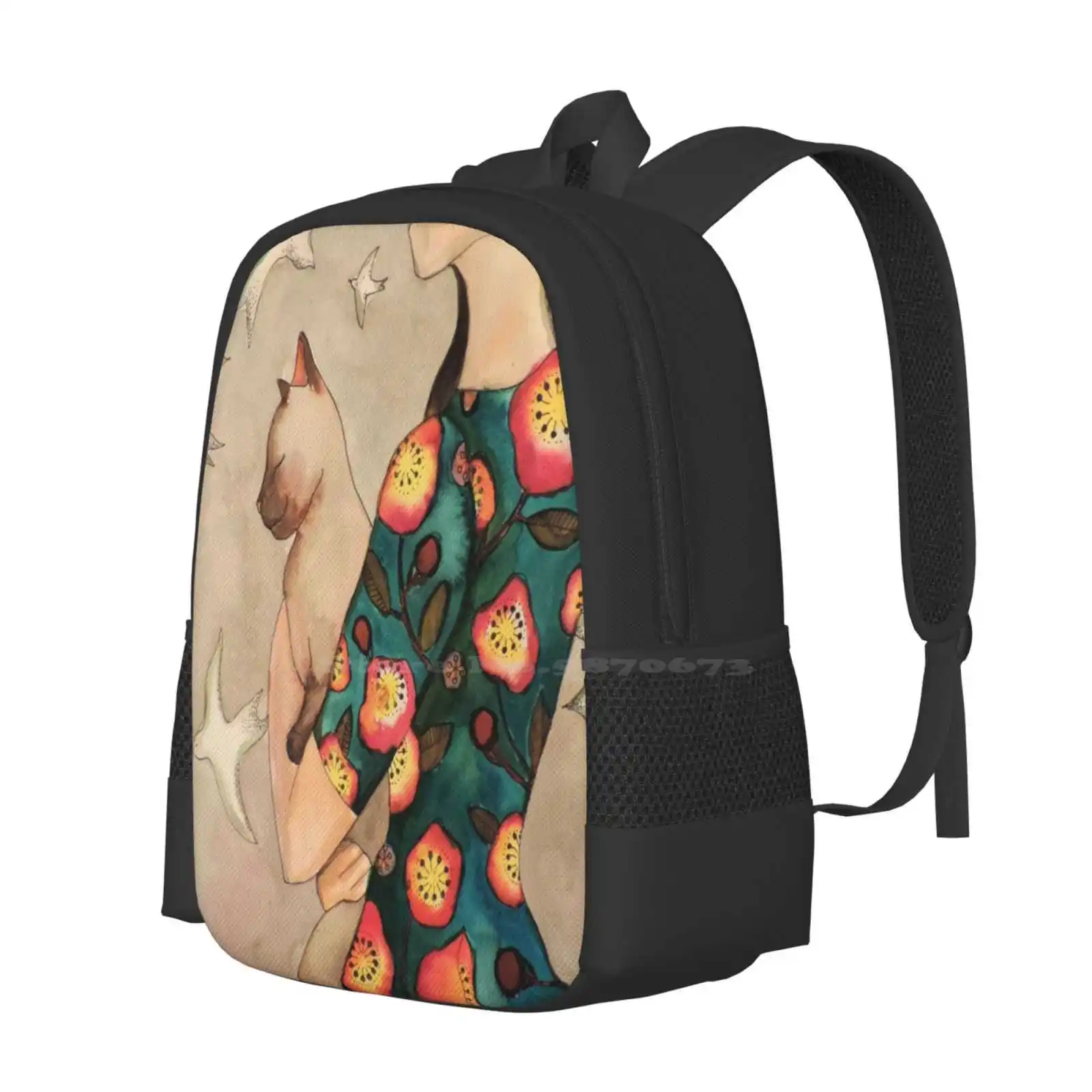 Day Dream Fashion Pattern Design Travel Laptop School Backpack Bag Girl Flower Cat Siamese Bird Sky Emerald Happy Happiness