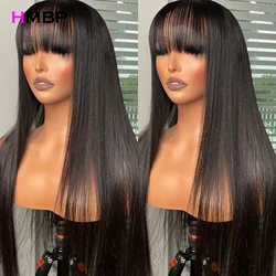 Perruque Full Lace Wig sans colle naturelle, cheveux lisses, 13x4/13x6 HD, avec frange, densité 360, HMBP, pre-plucked, 250