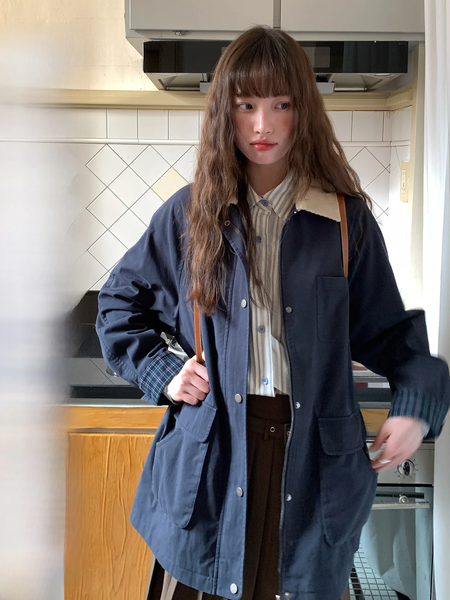 

RAINY ort Retro Zipper Jaet Korean Sle Casual Loose Fit Spring Autumn Women's Faion Color Blo ket Windbreaker