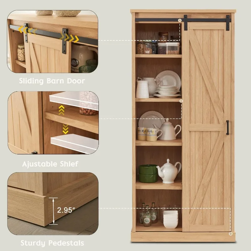 Large Kitchen Pantry with Sliding Barn Doors & Adjustable Shelves, Versatile Cupboard for Kitchen,Dining Room,Bathroom,Log Color
