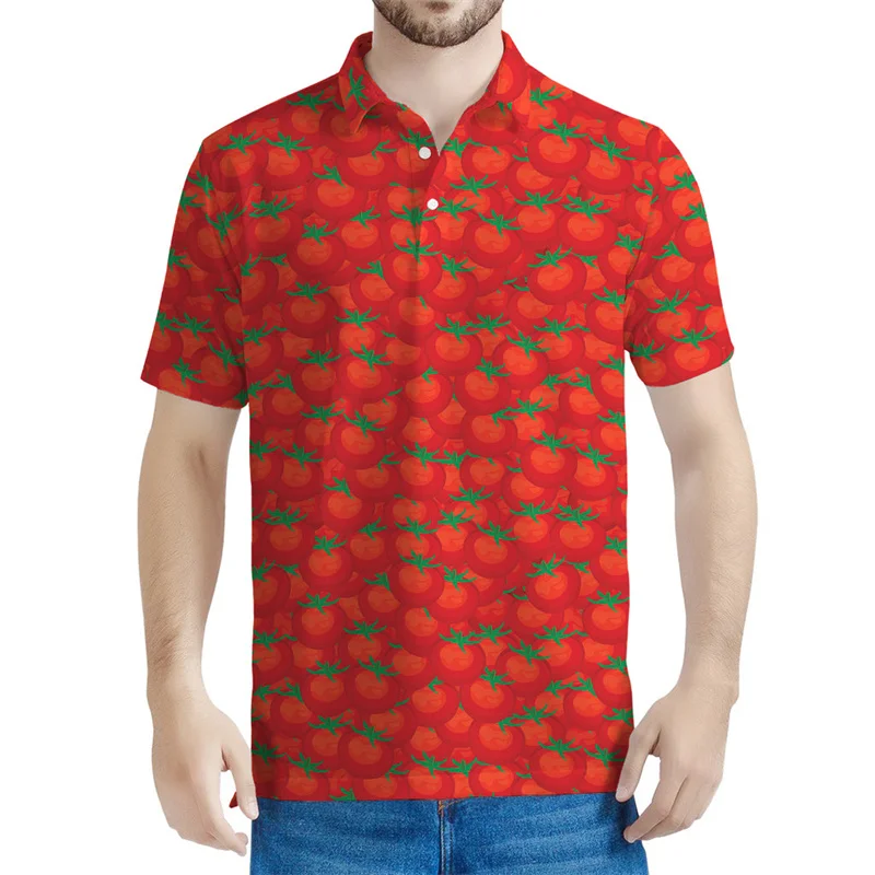 Red Tomato Graphic Polo Shirt Men 3d Printed Cartoon Vegetable Tee Shirts Casual Button T-shirt Lapel Oversized Short Sleeves