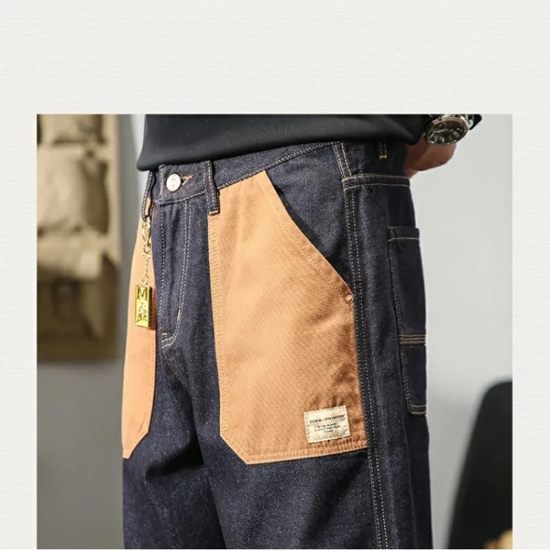 Men's Mid Waist Button Zipper Trendy England Jeans 2024 Spring Autumn New Loose Fashion Casual Pockets Straight Size Long Pants