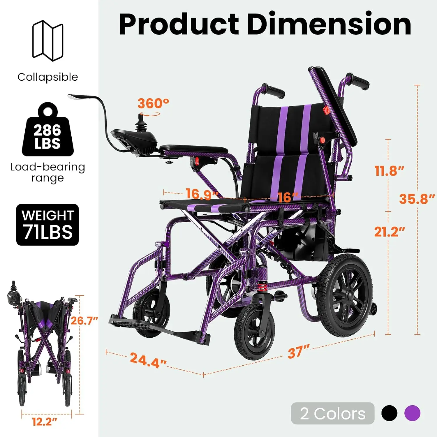 Electric Wheelchairs for Adults，Lightweight Foldable Wheelchair 15 Miles Long Travel Range, 360° Joystick Control, Customized