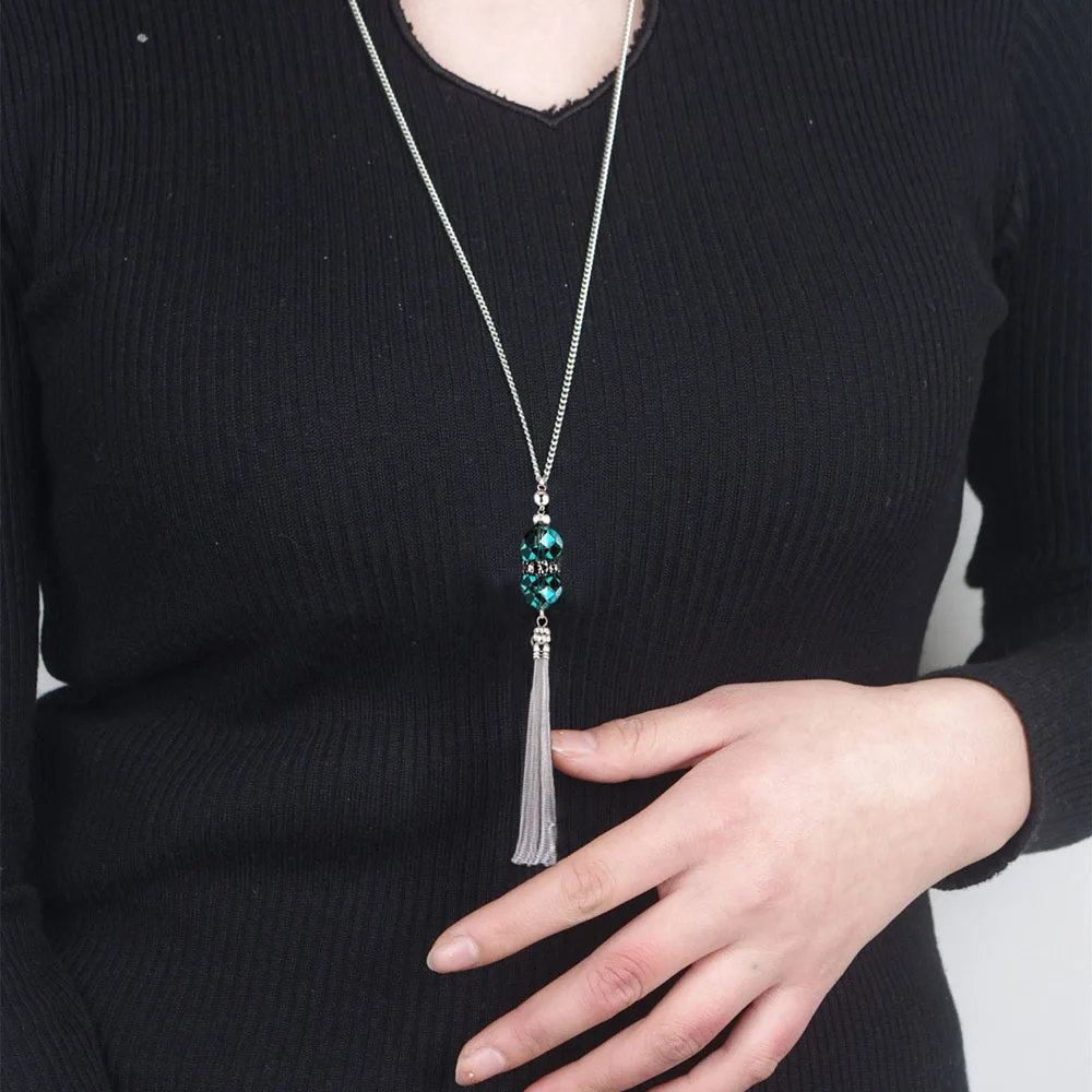 Trend Crystal Bead Women Statement Silver Color Pendant Necklace Sweater Chain Fashion Accessories Jewelry