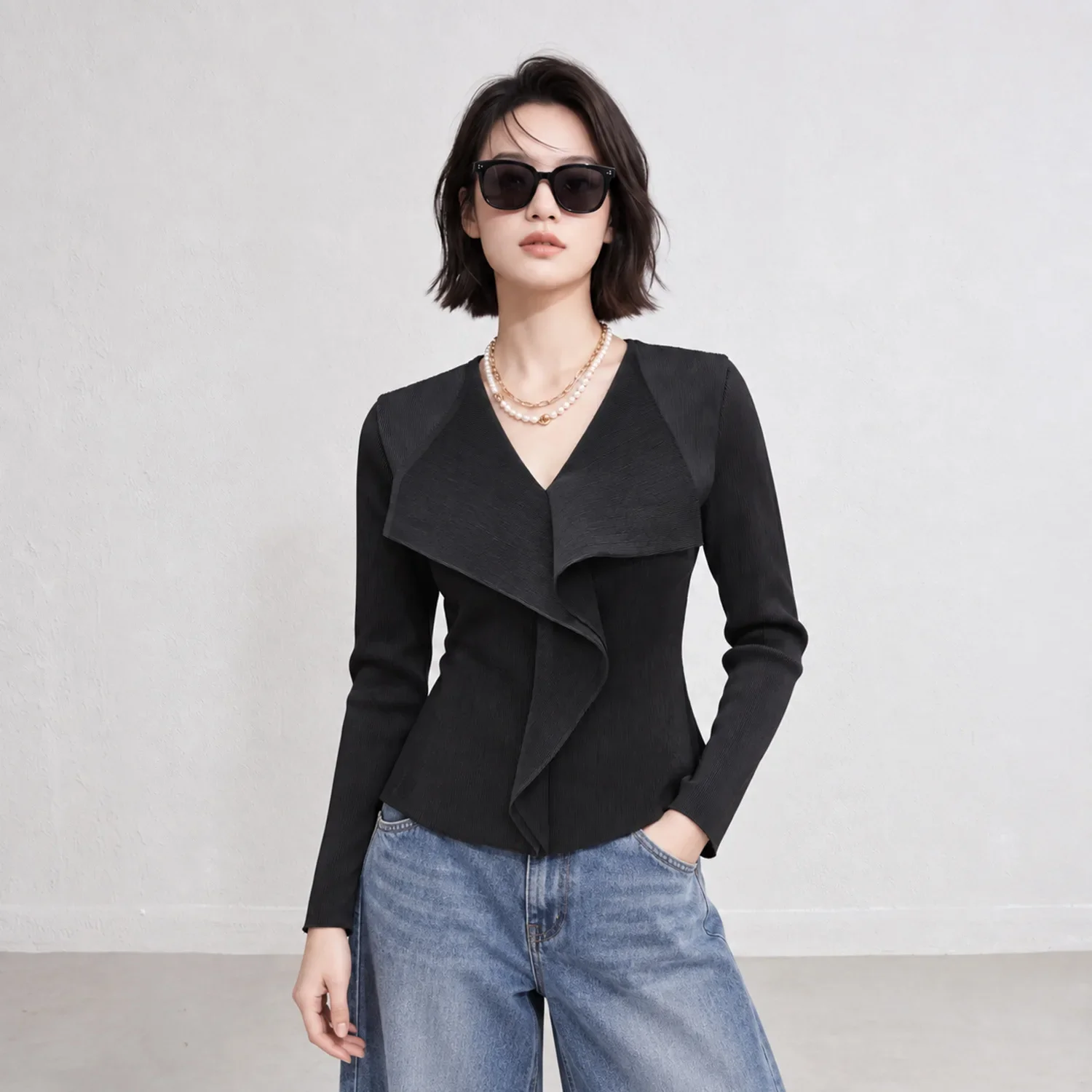 Miyake Women Pleated V-Neck Ruffle Blouse 2026 New Long Sleeve Slim Fit Vertical Pleat Top