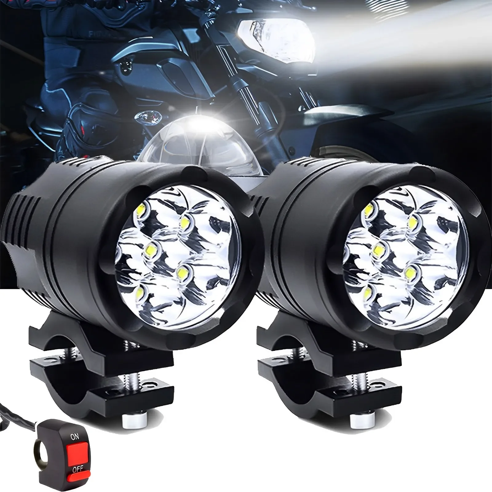 2Pcs Motorcycle 6 LED Headlight Waterproof Auxiliary Spotlights Scooters Super Bright Modified Working Light Bulbs with Switch