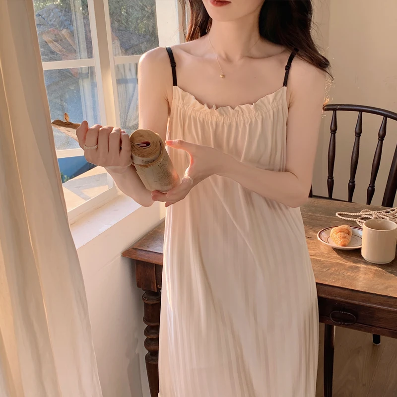 

Sweet Ice Silk Sleep Dress Women's Style Summer Small Size Loose Thin Long Skirt Home Clothes Pure Color Fashionable Sleepwear