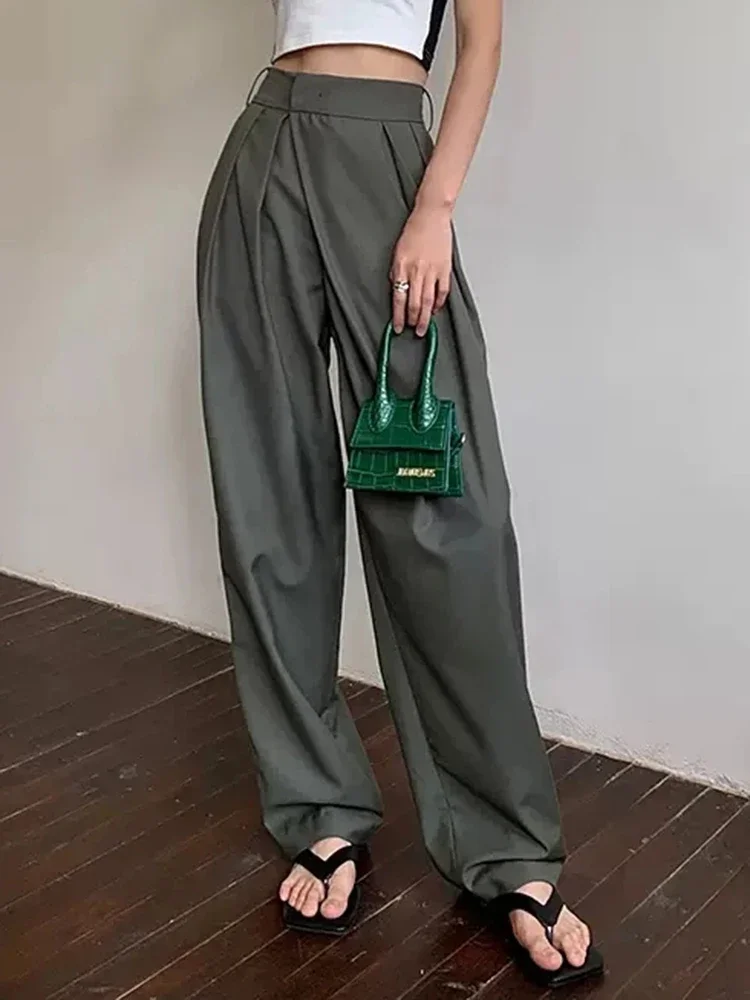 Elegant Retro Simple Office Ladies Women\'s Khaki Loose Leg High Waist Classic Baggy Pants Casual Fashionable Classic Solid Color