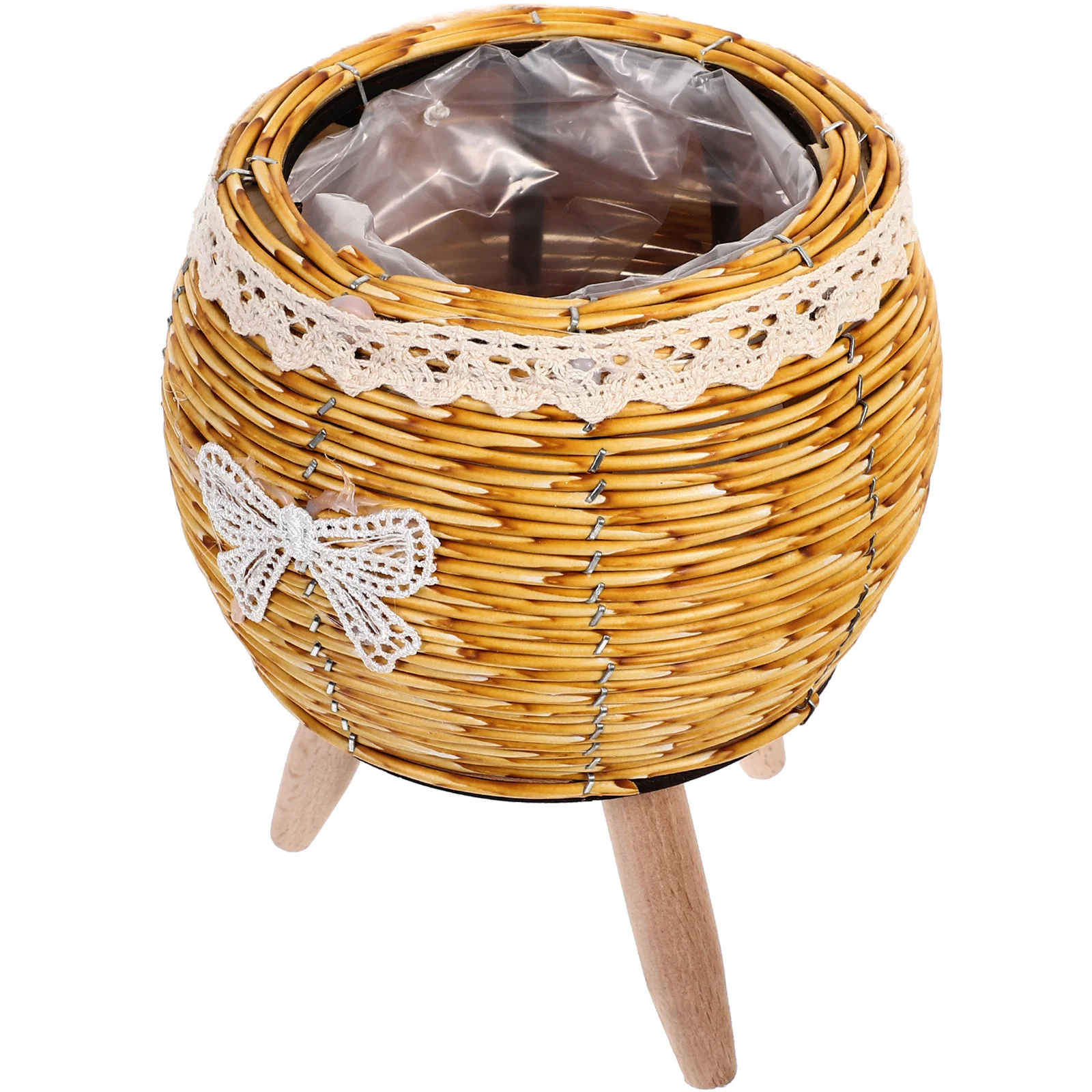 

Woven Straw Flower Pot Holder Natural Wood Plant Stand For Home Decor Indoor Balcony Garden Simple Tripod Design