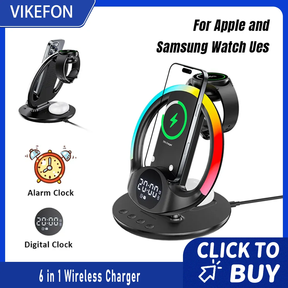 

Складное беспроводное зарядное устройство RGB 6-в-1-будильник для iPhone 17 ~ 12 Samsung Apple и Galaxy Watch Airpods Buds Pro3, быстрая зарядка