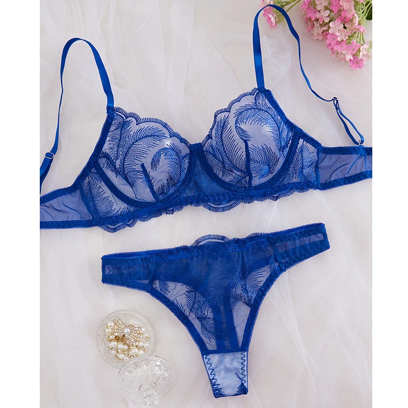 

Tulle Sexy Lingerie Delicate Embroidery Blue Bra Kit French Ultrathin Transparent Sexy Underwear Seamless Sissy Erotic Lingerie