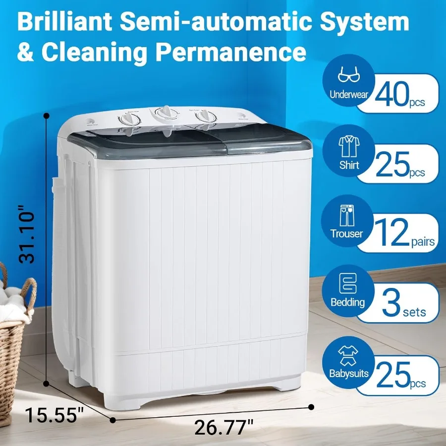 32 lbs Compact Mini Twin Tub Washing Machine with Drying Rack and 10 Hangers 20 lbs Washer Mini Compact Laundry Machine with 12