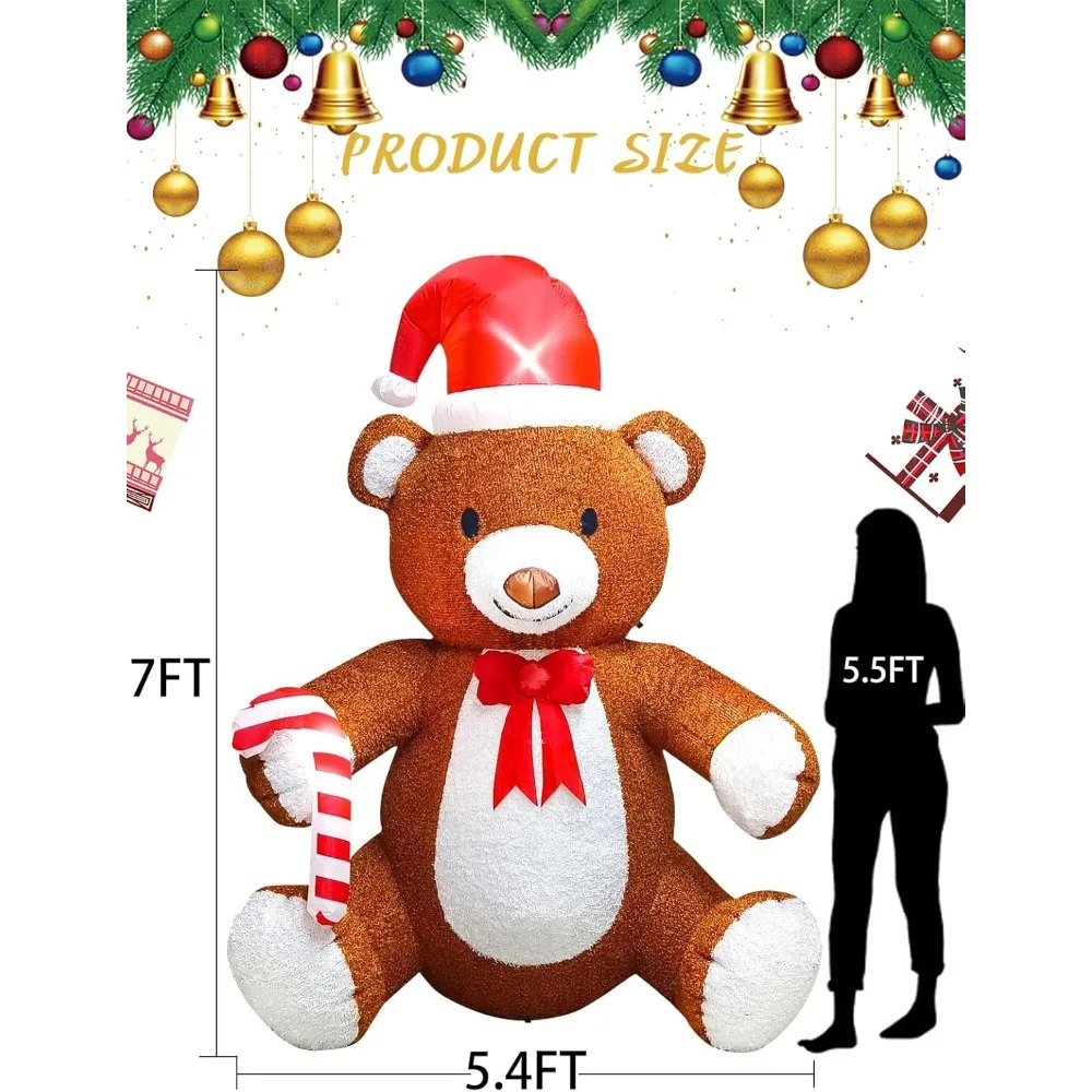 Christmas Fluffy Bear Inflatable with LED Light, Christmas Blow up Indoor Decoration Christmas Bear Inflatable Xmas Ted