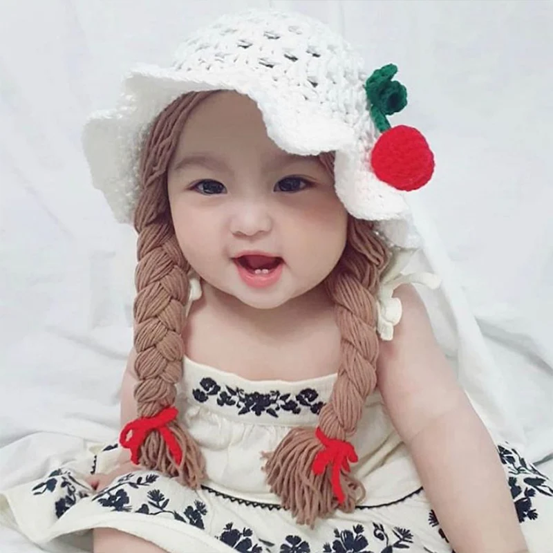 2-4Y Handmade Knitted Cute Baby Girl Wig Hat Infant Wigs Brades Kid Crochet Hat Caps With Plaits Photography Props Headwear