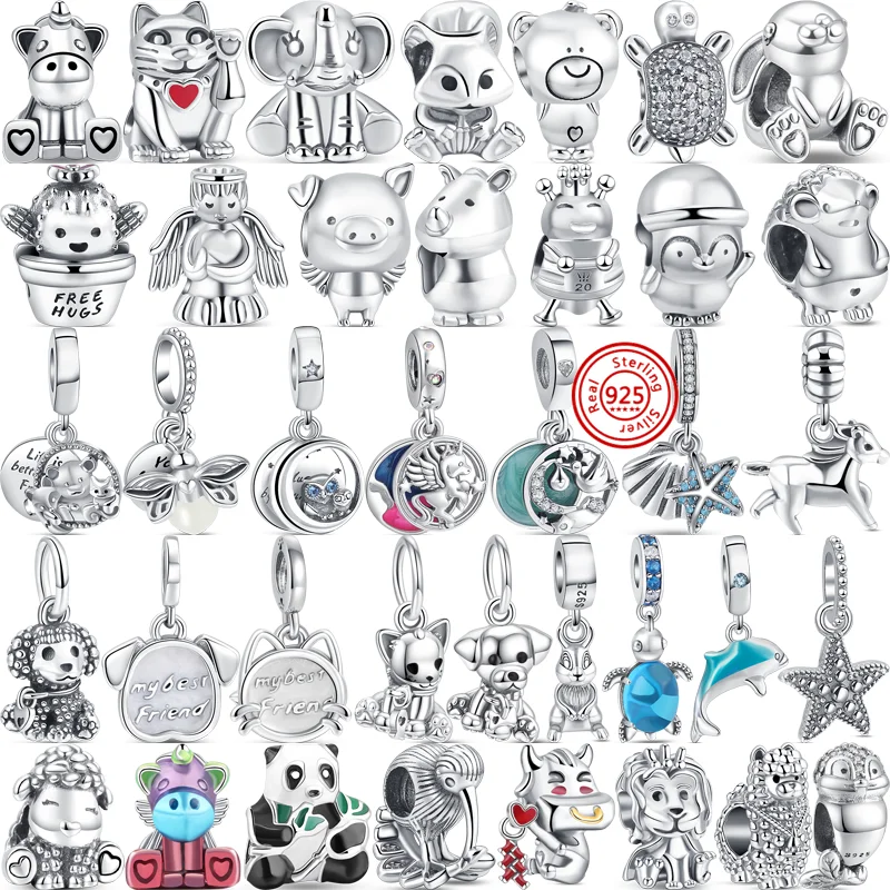 

925 Sterling Silver Animal Series Cute Lucky Cat Owl Lion Unicorn Panda Beads Fit Original Pandora Charms Bracelet Women Jewelry