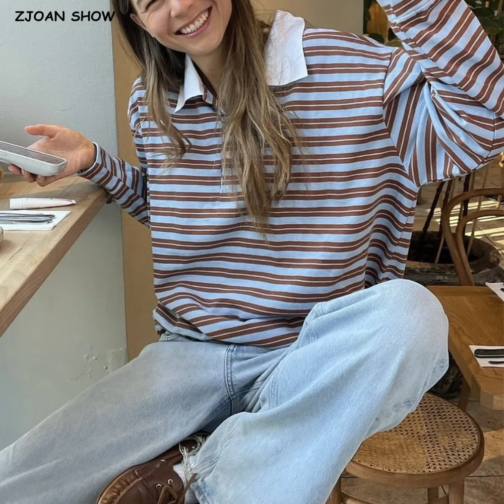 New American Retro Women Contrast Color Rib Knit Striped Buttons Polo Collar T-shirt Loose Tee Base Casual Long Sleeve T-shirts
