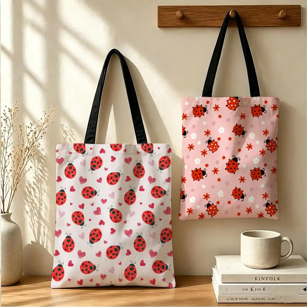 Cute Ladybug Pattern Storage Bags Large Capacity Canvas Tote Bag Double-Sided Print Shoulder Handbag for Daily Shopping