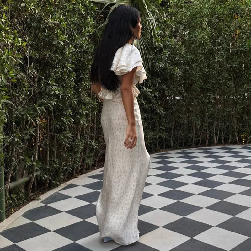 Moda impressa babados em camadas maxi vestido feminino sexy decote em v profundo manga queimada roupões finos 2025 verão férias jantar festa vestido