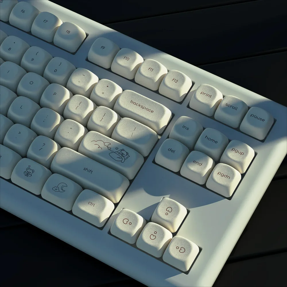 GEFENSI Cute Bear MOA Keycap Set PBT 125 Keys Small Font Milk White For MX Switch 60/84/90/104/108 Layout Mechanical Keyboards
