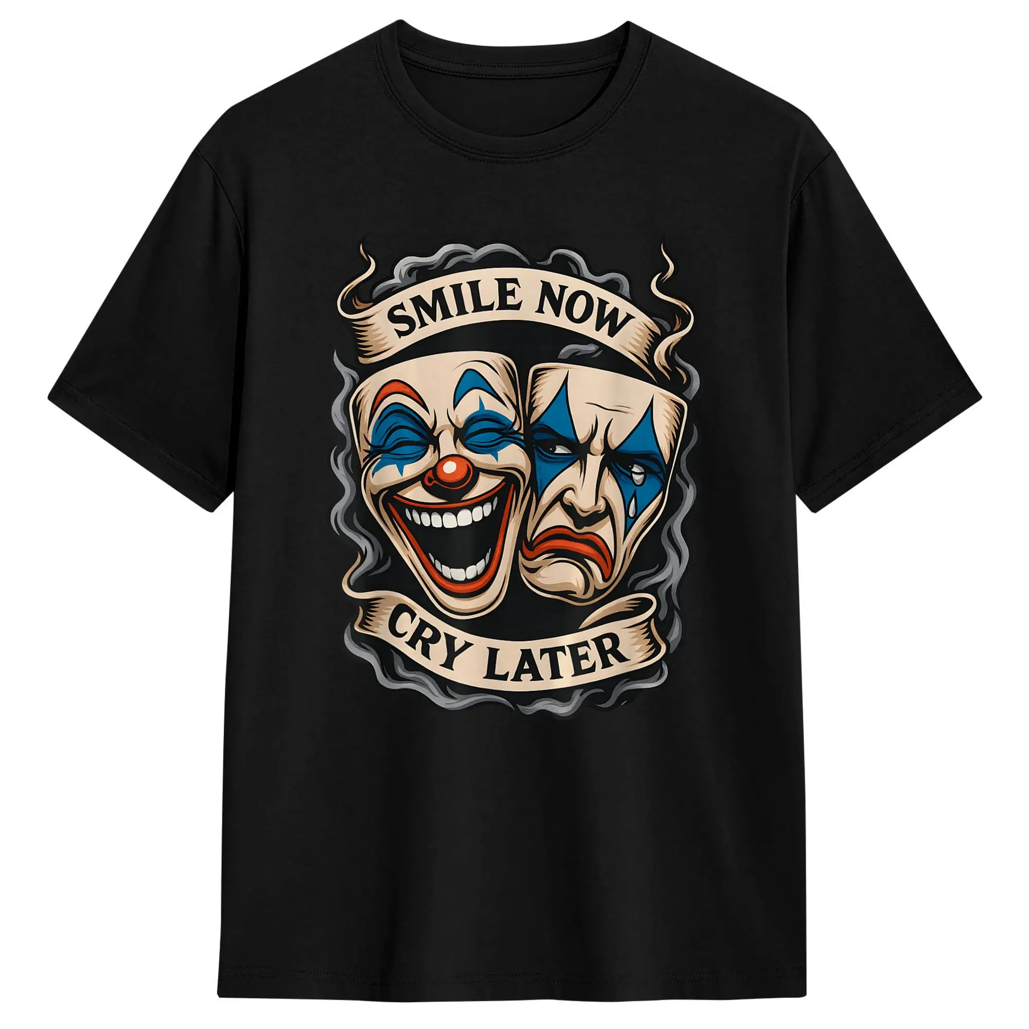 Camiseta para hombre y mujer, camisetas con diseño de máscara Smile Now Cry Later, camiseta de moda de verano, ropa de algodón Vintage, Idea de regalo