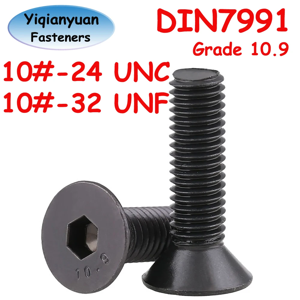 Yiqianyuan DIN7991 Hexagon Socket Countersunk Head Screw Grade 10.9 Alloy Steel Black Allen Key Flat Bolts 10#-24 UNC 10#-32 UNF