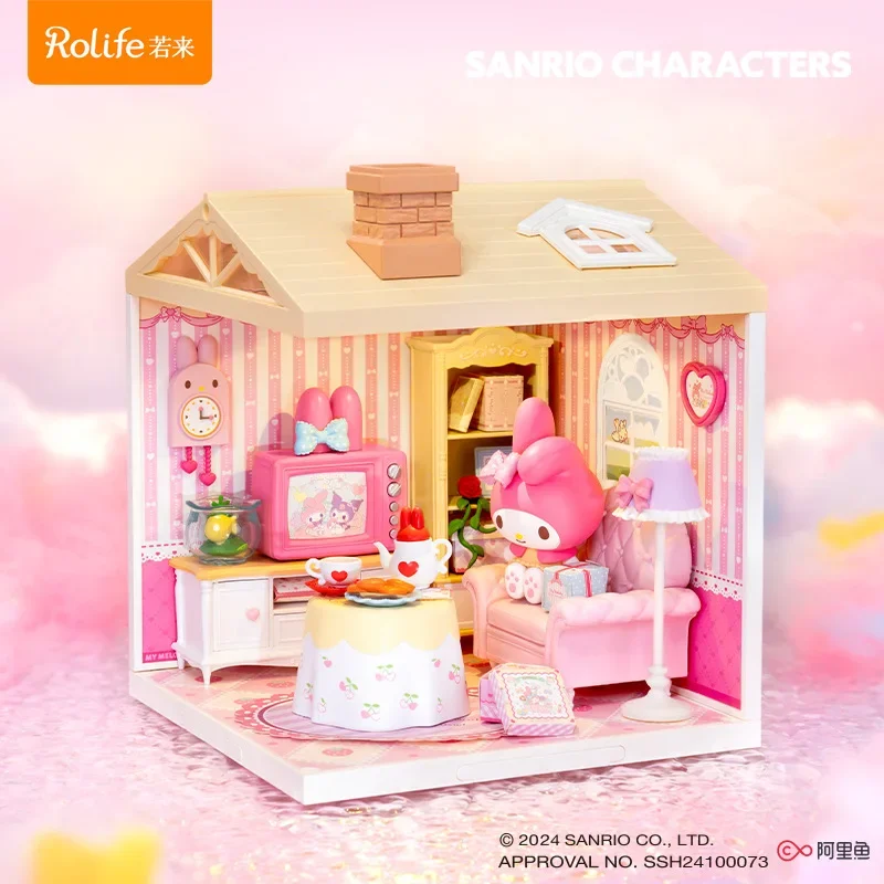 Sanrio blocos de construção de madeira diy casa caixa de música decoração de mesa quebra-cabeça montagem modelo brinquedos presentes de aniversário para crianças