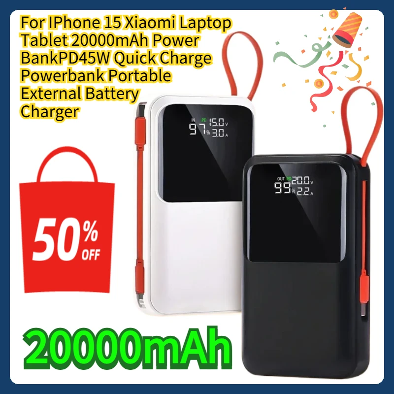 

For IPhone 15 Xiaomi Laptop Tablet 20000mAh Power BankPD45W Quick Charge Powerbank Portable External Battery Charger