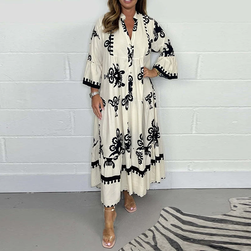 Vestidos Women\'s Printed Loose Ethnic Retro Dress Spring V Neck Button A-Line Long Dress Summer 3/4 Sleeve Bohemian Maxi Dresses