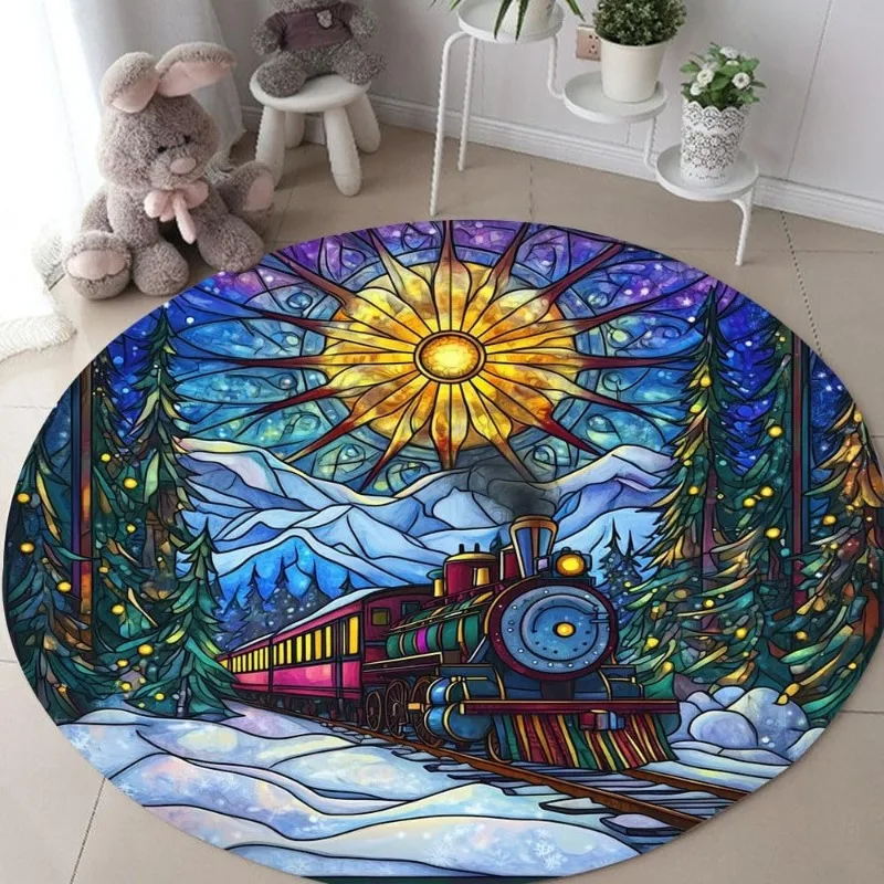 

Geometric Stained Glass Round Carpet Winter Train Print Rug Dreamy Dazzling Snowy Mountains Forest Mat for Living Room Decor